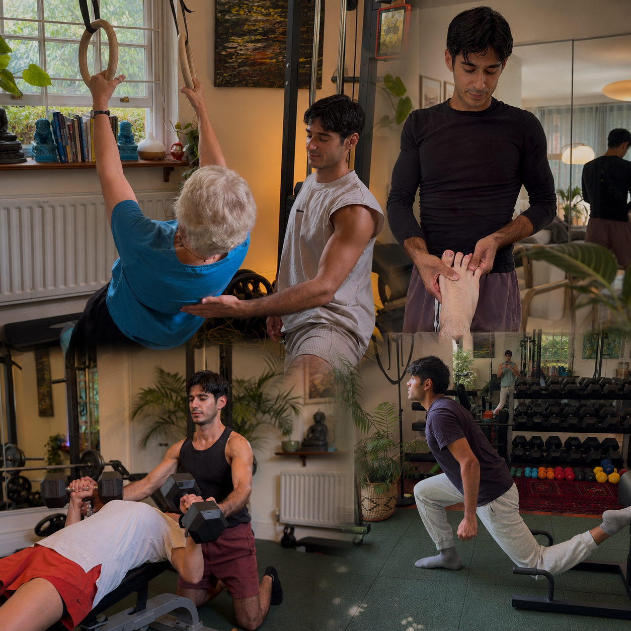 Ade coaching clients one to one: ring work, guided mobility, dumbbell pressing and stretching in his studio