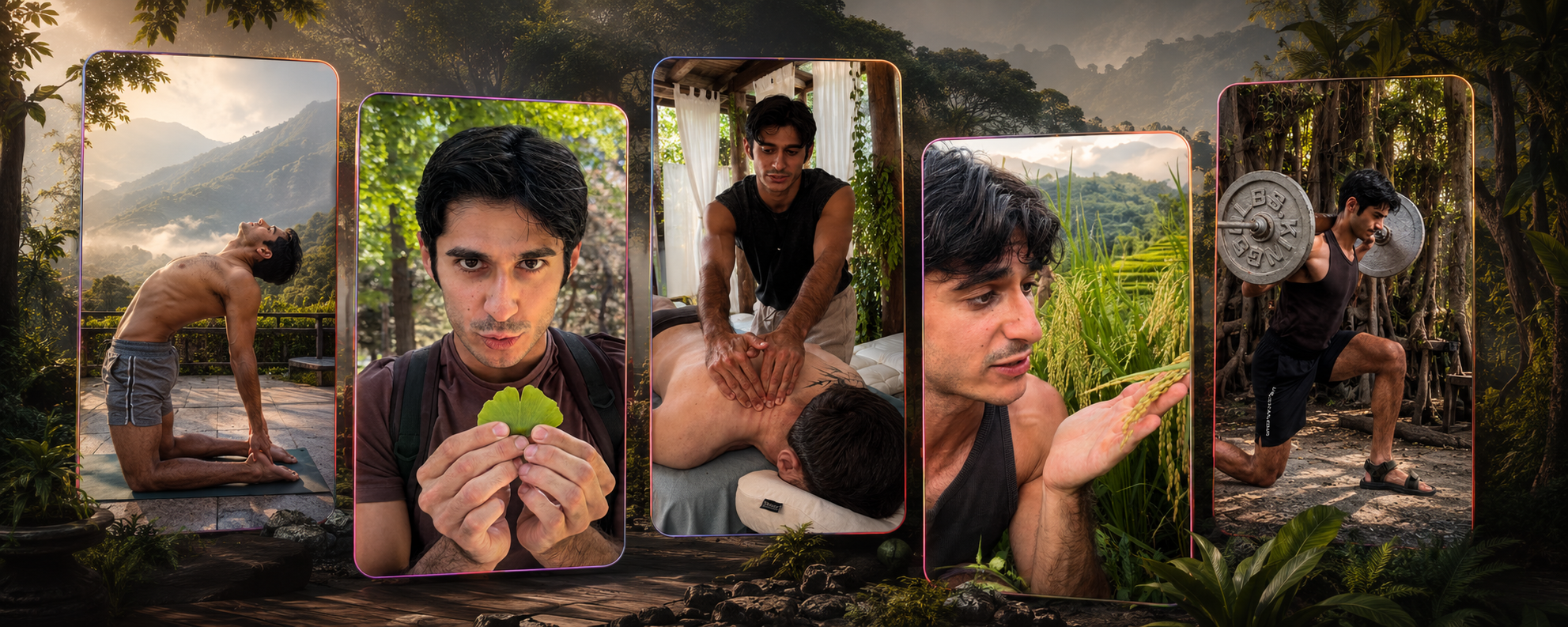 Ade practising yoga, studying a leaf, giving massage, exploring rice fields and lifting weights, framed in a misty forest