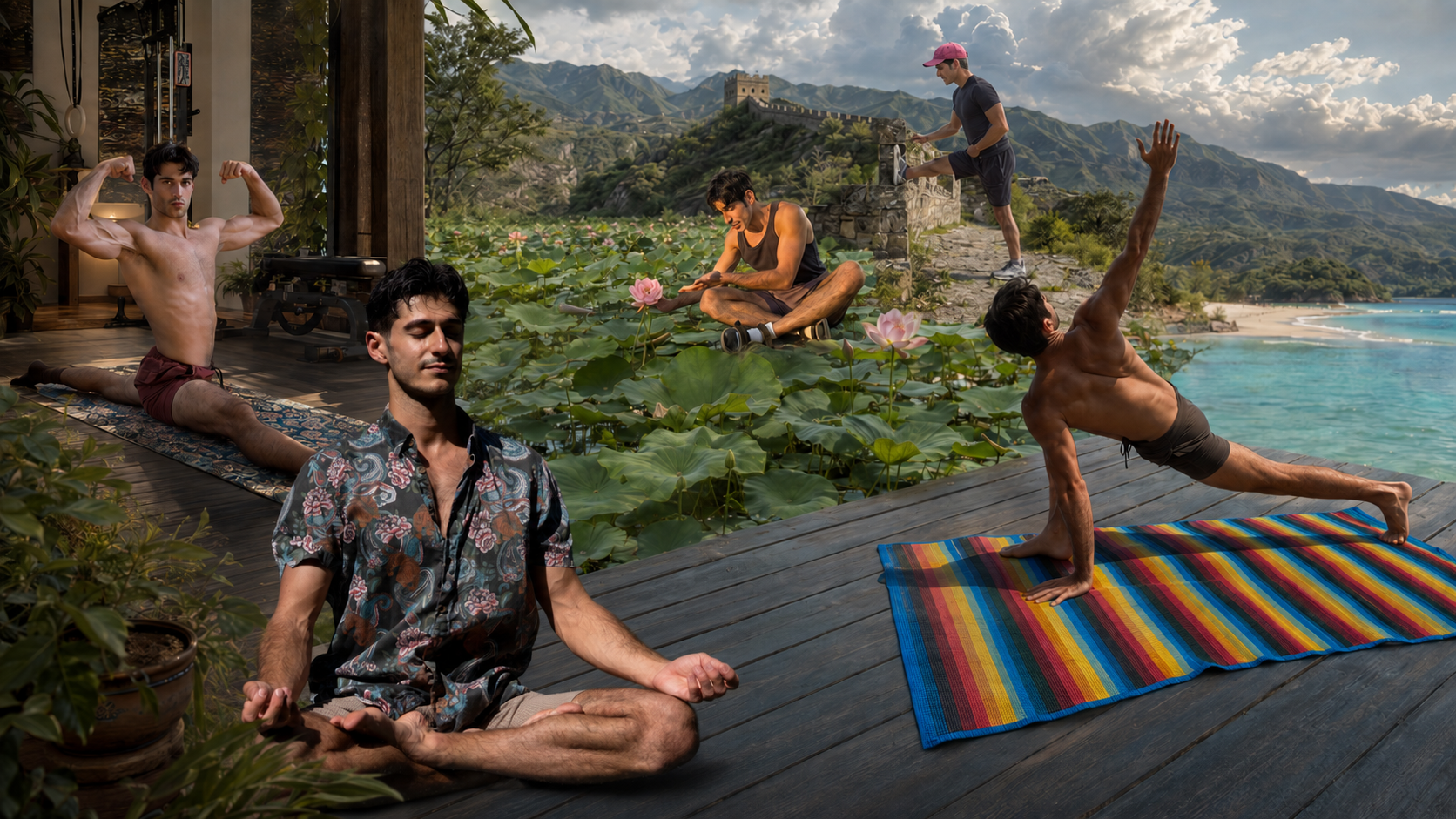 Ade training, stretching and practising yoga across mountains, temples and beaches